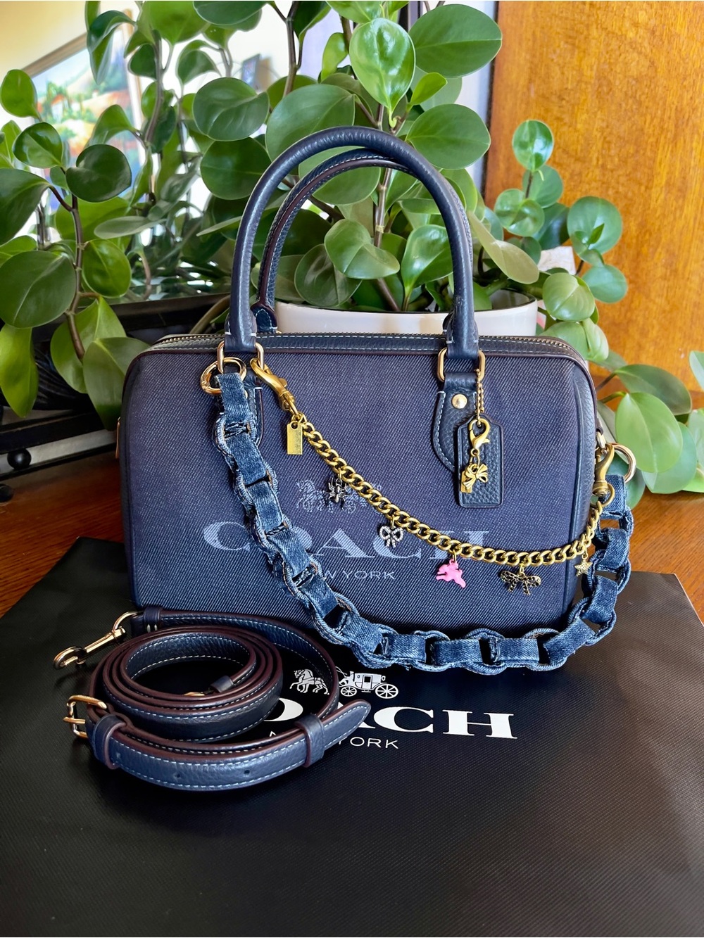Coach Denim Rowan Satchel Bag with Denim Chain and Charm Accents